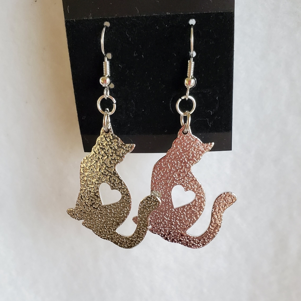 Womens silver cat and heart earrings